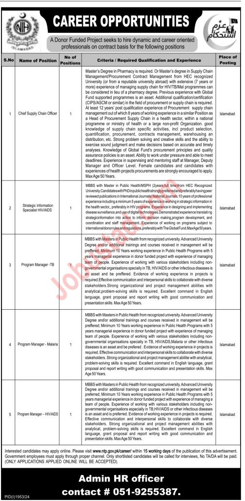 National TB Control Program Jobs in Islamabad September 2024