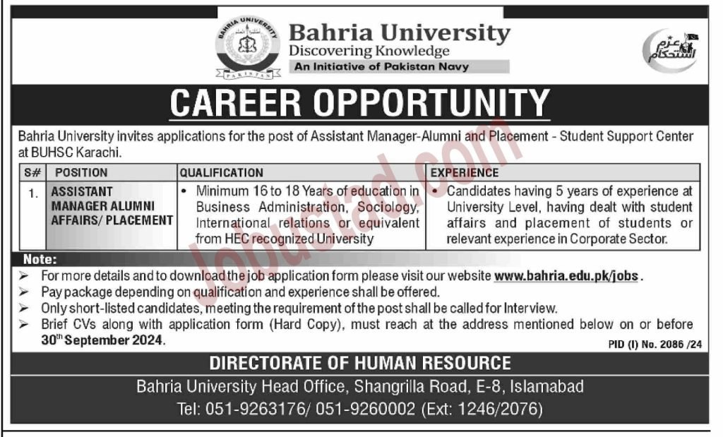 New Bahria University Karachi Branch BUHSC Jobs September 2024