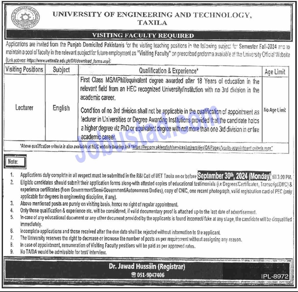 New University of Engineering & Technology Jobs in Taxila September 2024