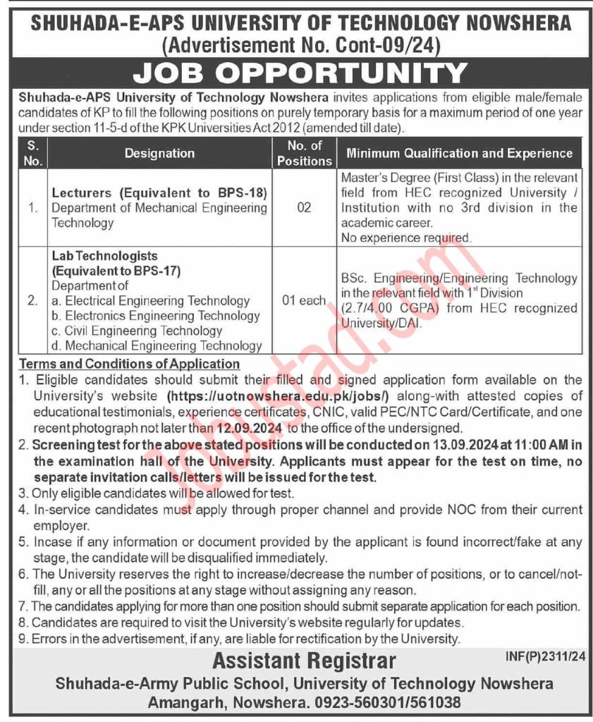 Shuhada-e-APS University of Technology Jobs in Nowshera September 2024