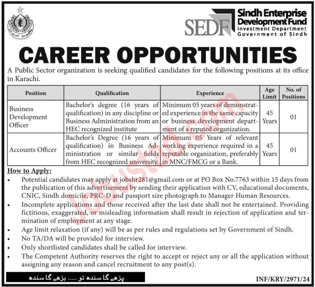 Sindh Enterprise Development Fund SEDF Jobs in Karachi September 2024