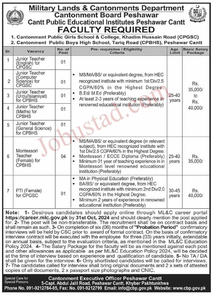Cantonment Board Jobs in Peshawar October 2024