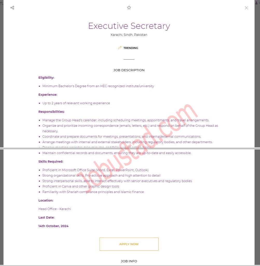 Executive Secretary Jobs in Karachi October 2024