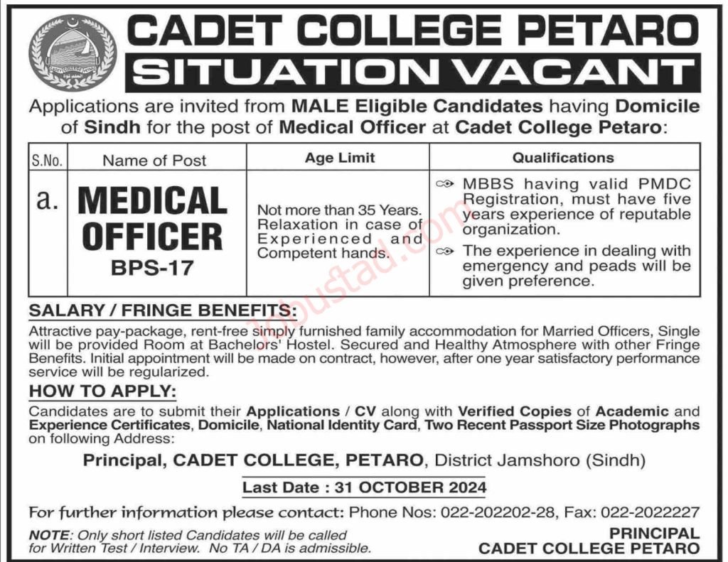 New Cadet College Jobs in Petaro October 2024