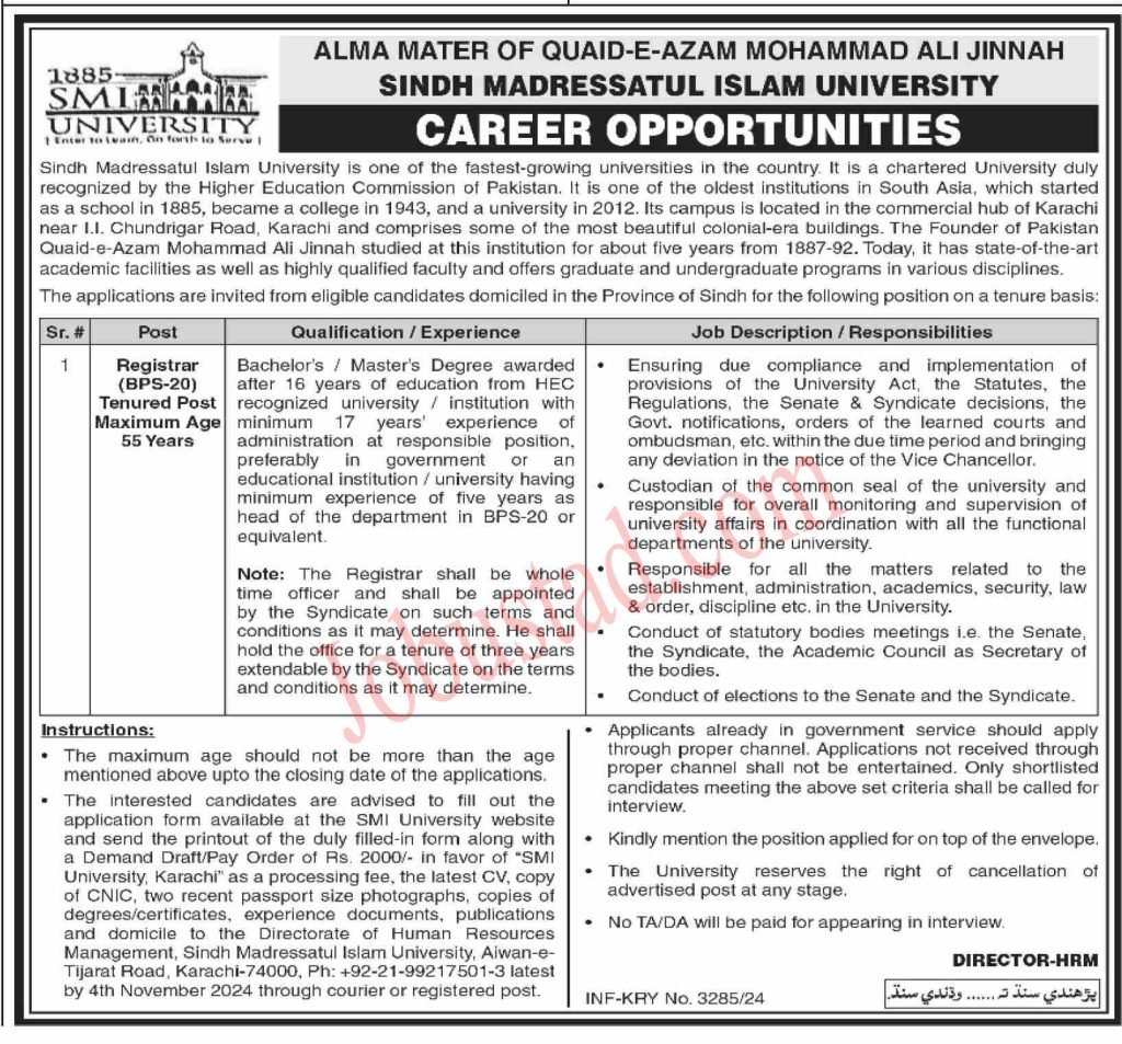 Sindh Madressatul Islam University Jobs in Karachi October 2024