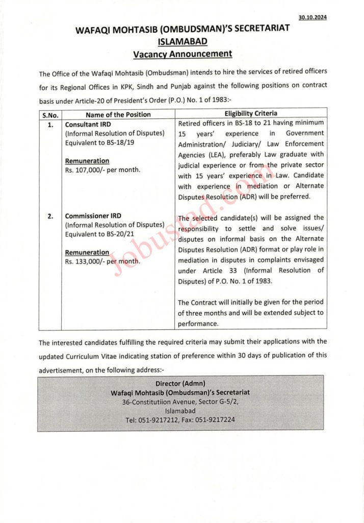 Wafaqi Mohtasib Secretariat Jobs in Islamabad November 2024 