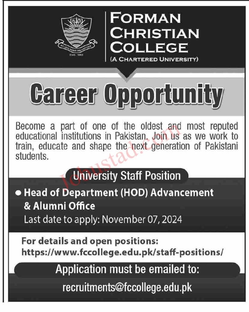 Forman Christian College Jobs in Lahore November 2024 