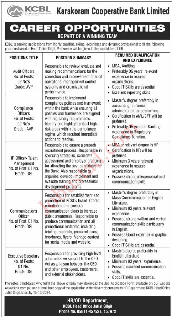 Karakoram Cooperative Bank Limited Jobs December 2024