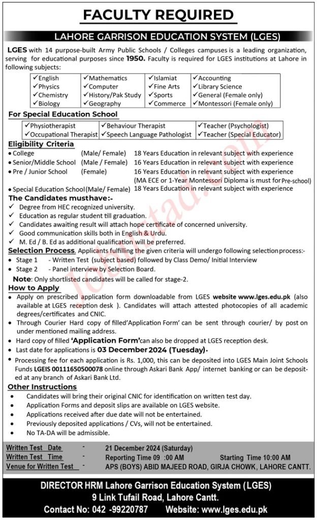 Lahore Garrison Education System Jobs November 2024