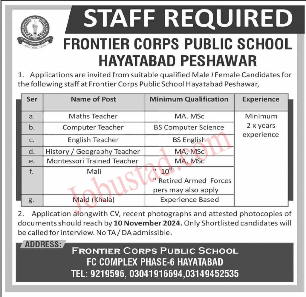 Latest FC Public School Jobs in Peshawar November 2024
