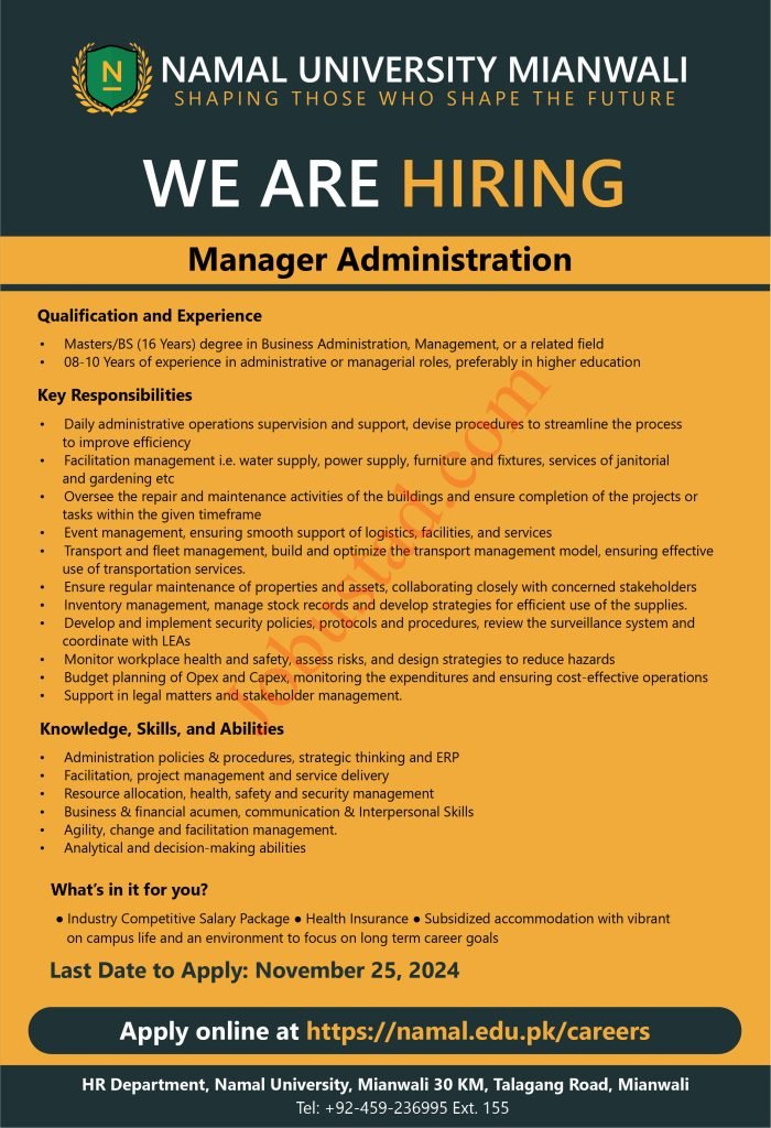 Namal University Jobs in Mianwali November 2024