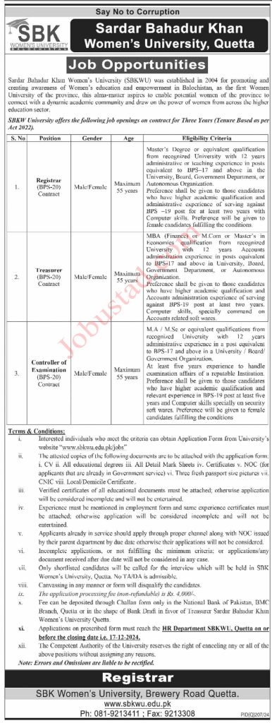 SBK Women University Jobs in Quetta November 2024