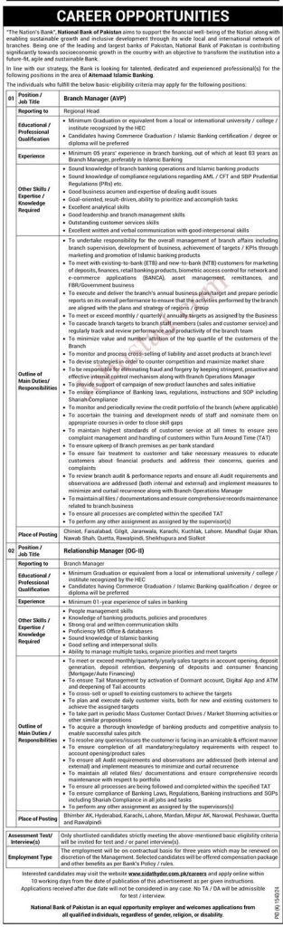 Today National Bank Jobs in Pakistan November 2024