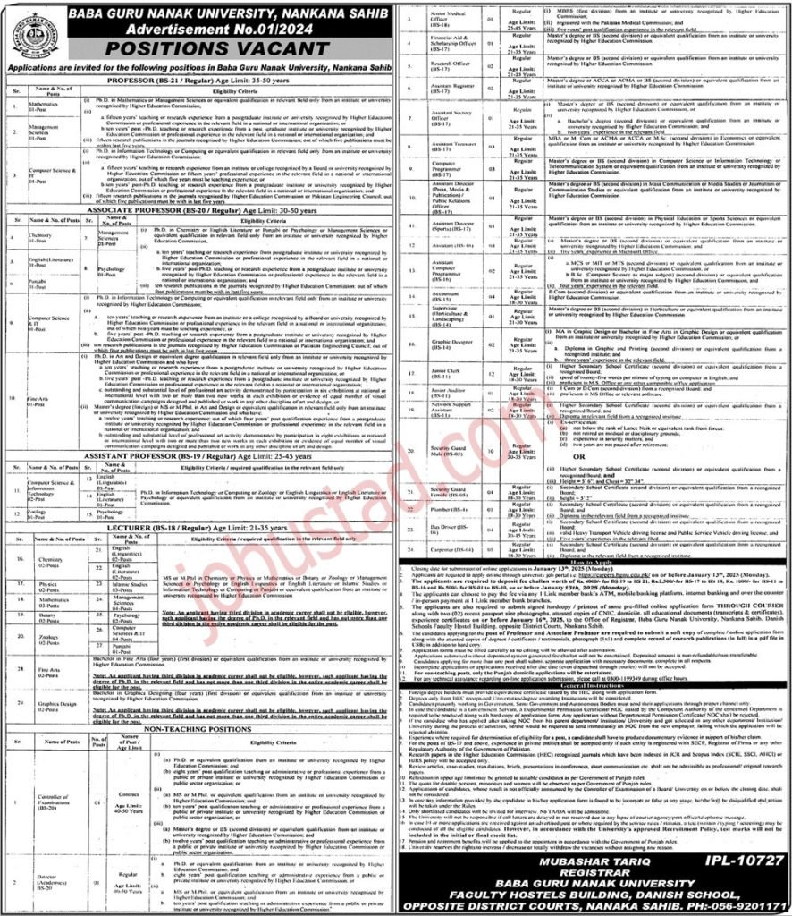 Baba Guru Nanak University Jobs in Nankana Sahib January 2025