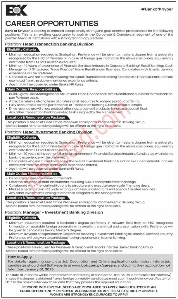Bank of Khyber Jobs in Karachi December 2024