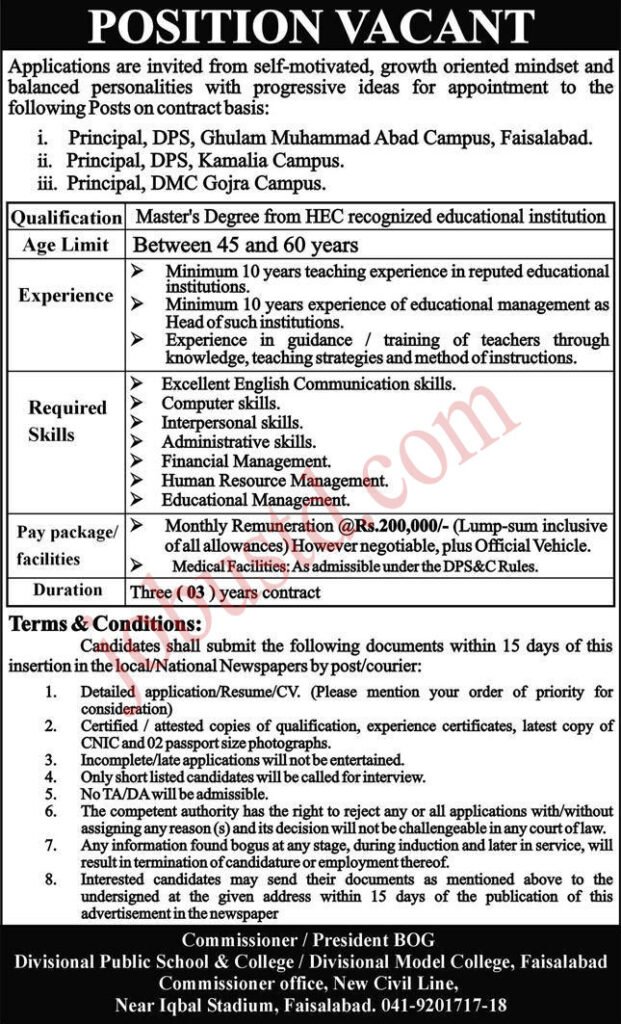 Divisional Public School and College Jobs in Faisalabad January 2025