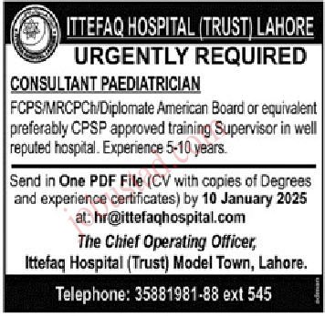 Ittefaq Hospital Jobs in Lahore January 2025
