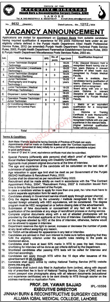 Jinnah Burn and Reconstructive Surgery Centre jobs in Lahore 2024