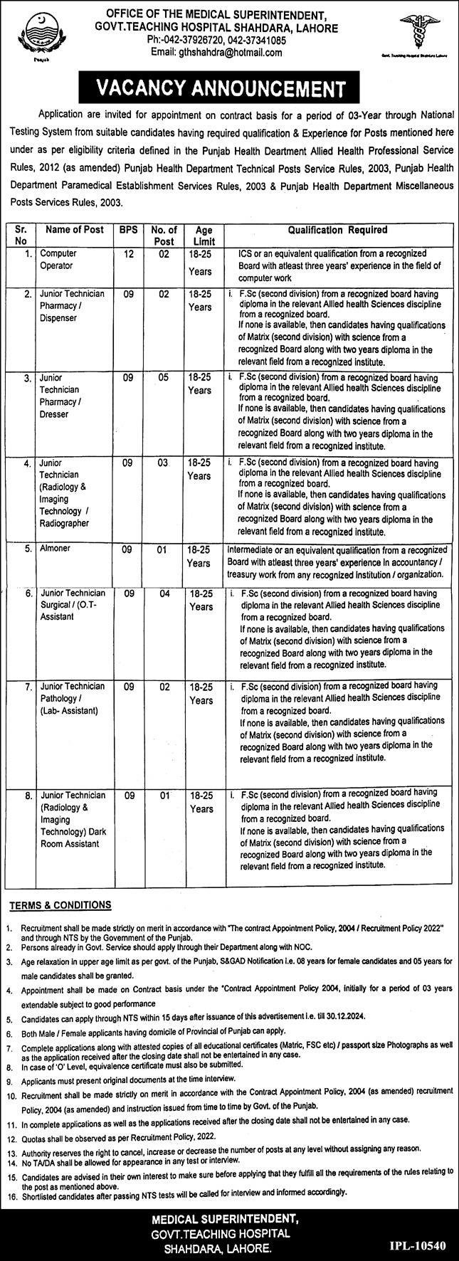Latest Govt Teaching Hospital jobs in Lahore December 2024
