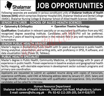 Latest Jobs At Shalamar Institute Of Health Sciences In Lahore January 2025 Advertisement