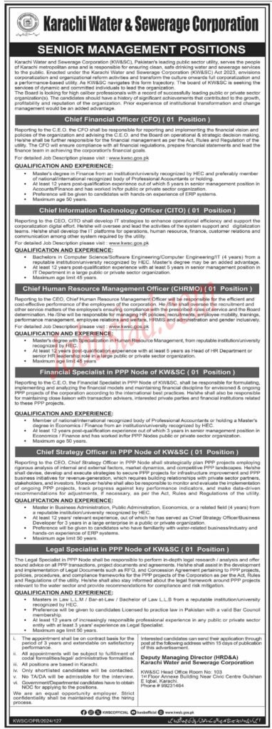 Latest Jobs In Karachi Water & Sewerage Corporation KW&SC January 2025 Advertisement