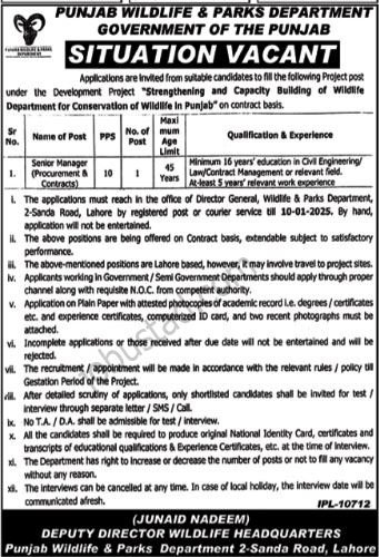 New Punjab Wildlife and Parks Department Jobs in Lahore December 2024