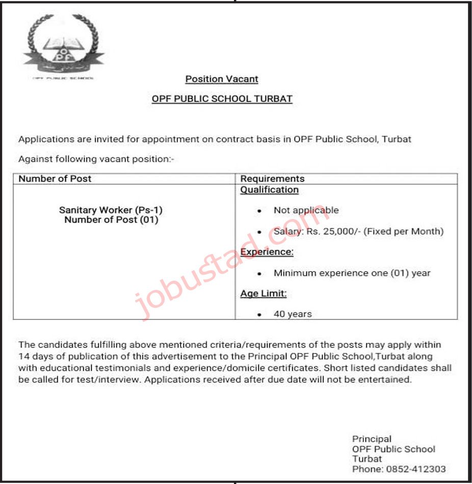 OPF Public School Jobs in Turbat December 2024