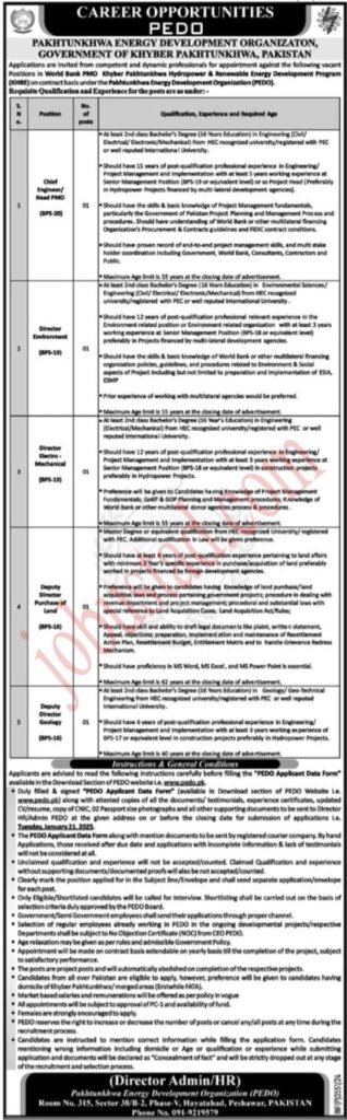 Pakhtunkhwa Energy Development Organization Jobs January 2025