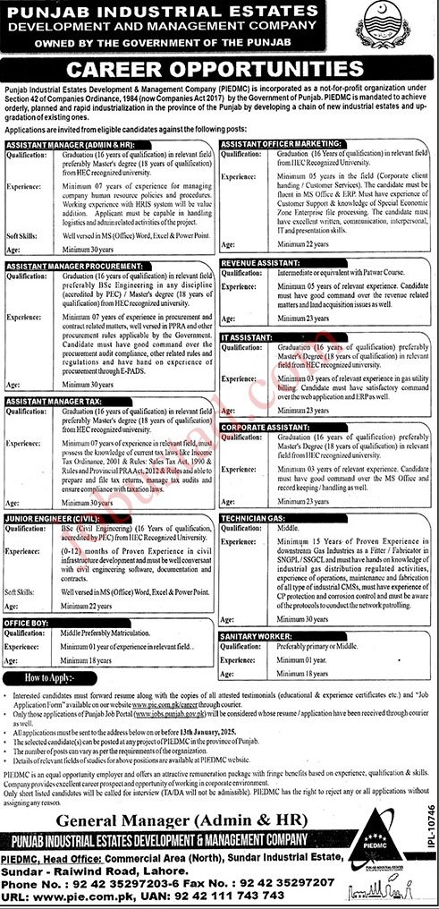 Punjab Industrial Estate Development and Management Company Jobs in Lahore 2025