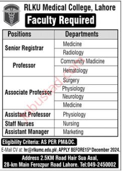 RLKU Medical College Jobs in Lahore December 2024