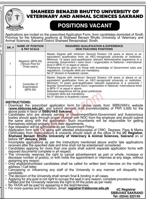 Shaheed Benazir Bhutto University Jobs in Sindh December 2024