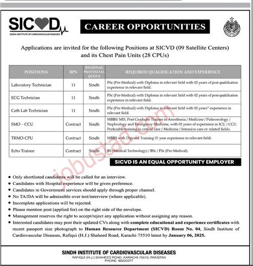 Sindh Institute of Cardiovascular Diseases Jobs December 2024