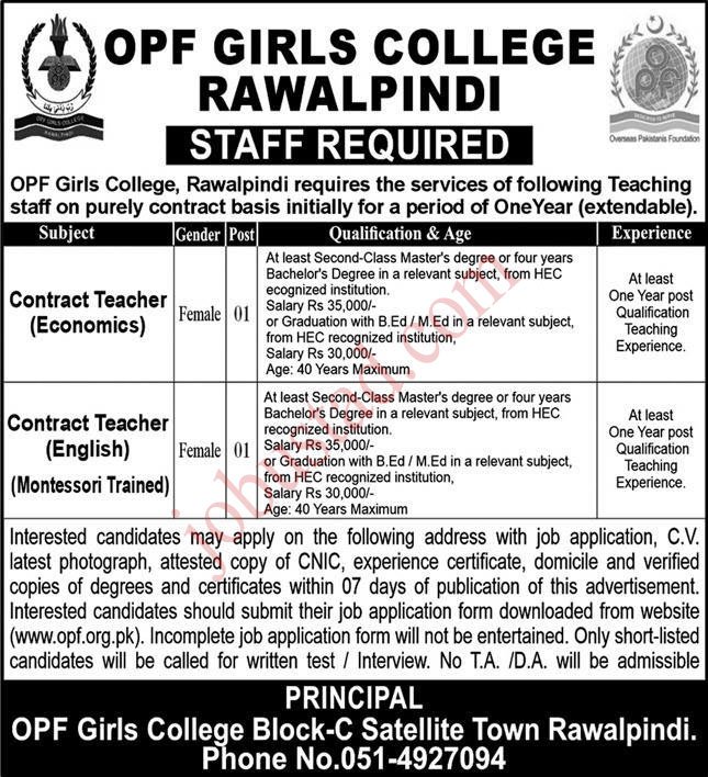 Teaching Jobs in OPF Girls College Rawalpindi January 2025