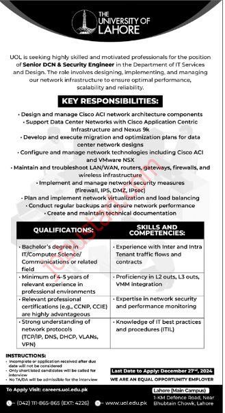 University of Lahore Jobs December 2024 