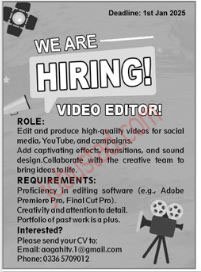 Video Editor Jobs in Karachi January 2025