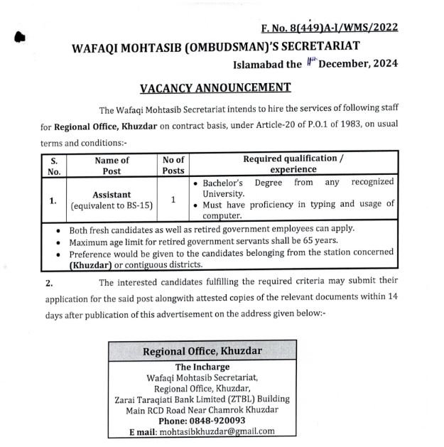 Wafaqi Mohtasib Secretariat Jobs in Khuzdar 2024 Application Form