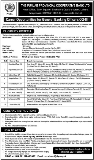 The Punjab Provincial Cooperative Bank Jobs in Lahore December 2024 Apply Online 