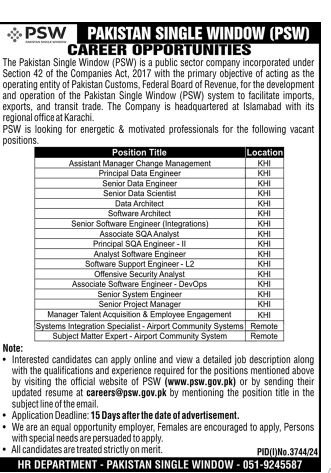 Pakistan Single Window Jobs in Karachi December 2024