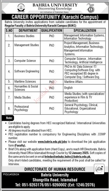 Bahria University Jobs In Karachi January 2025 Advertisement