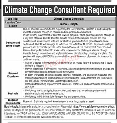 Climate Change Consultant Jobs In Lahore January 2025 Advertisement