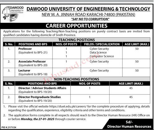 Dawood University of Engineering & Technology Jobs In Karachi January 2025 Advertisement