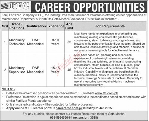 Fauji Fertilizers Jobs In Rahim Yar Khan January 2025 Advertisement