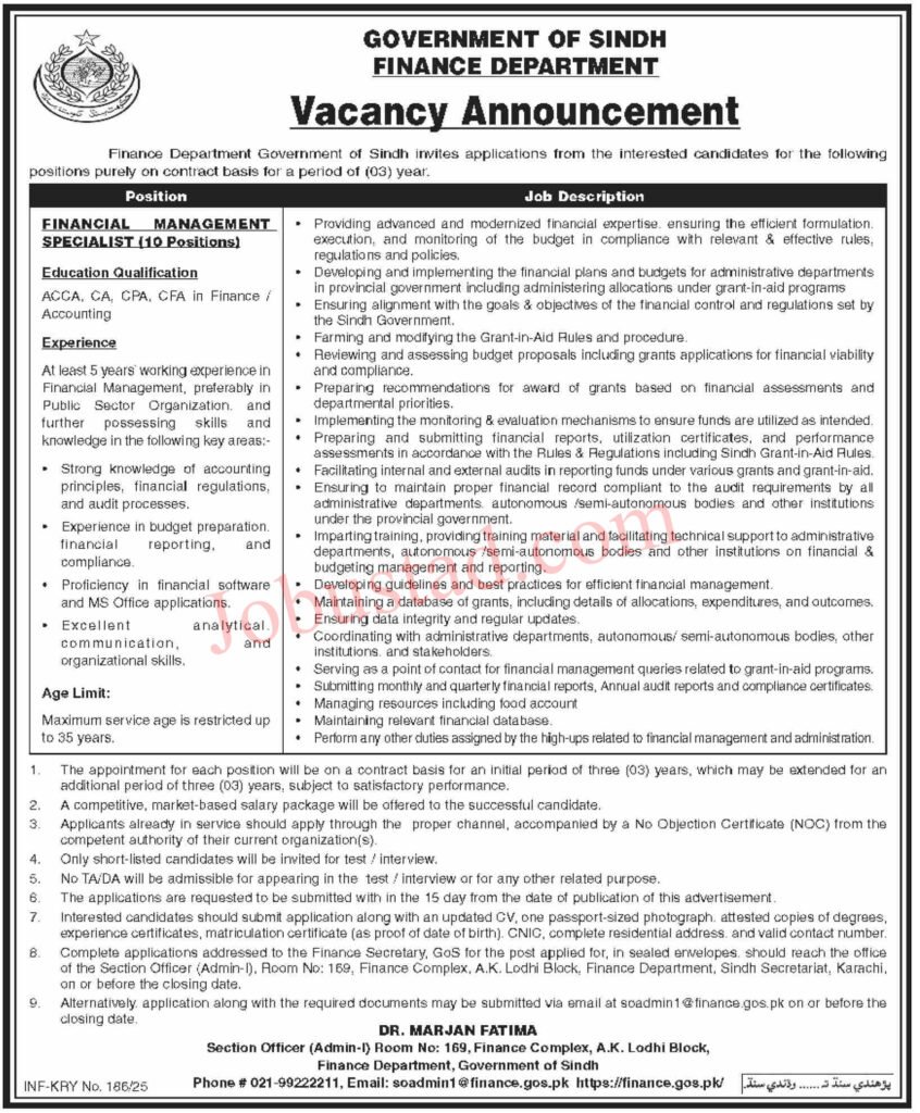 Finance Department Sindh Jobs