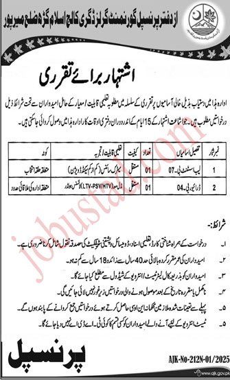Government Girls Degree College Jobs in Mirpur January 2025