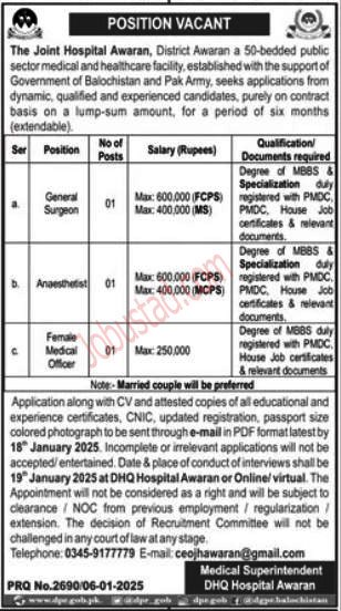 Joint Hospital Awaran Jobs January 2025 Advertisement
