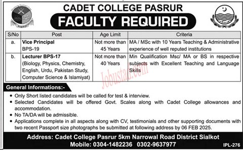 Latest Cadet College Jobs In Pasrur January 2025 Advertisement