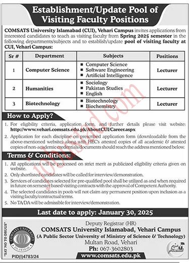 Latest Comasats University Islamabad Jobs in Vehari January 2025