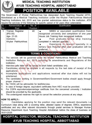 Latest Medical Teaching Institution Ayub Teaching Hospital Jobs in Abbottabad 2025