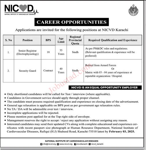 Latest NICVD Jobs In Karachi 2025  | National Institute of Cardiovascular Disease Jobs 2025
