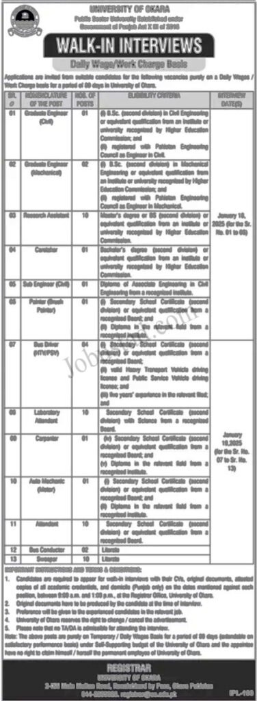 Latest University of Okara January 2025 Advertisement